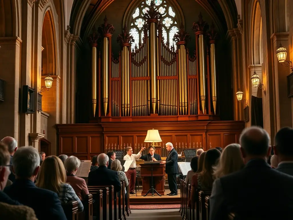 A photograph capturing a vibrant organ concert inside the historic church of Pléaux, showcasing the beauty of the organ and the engaged audience.