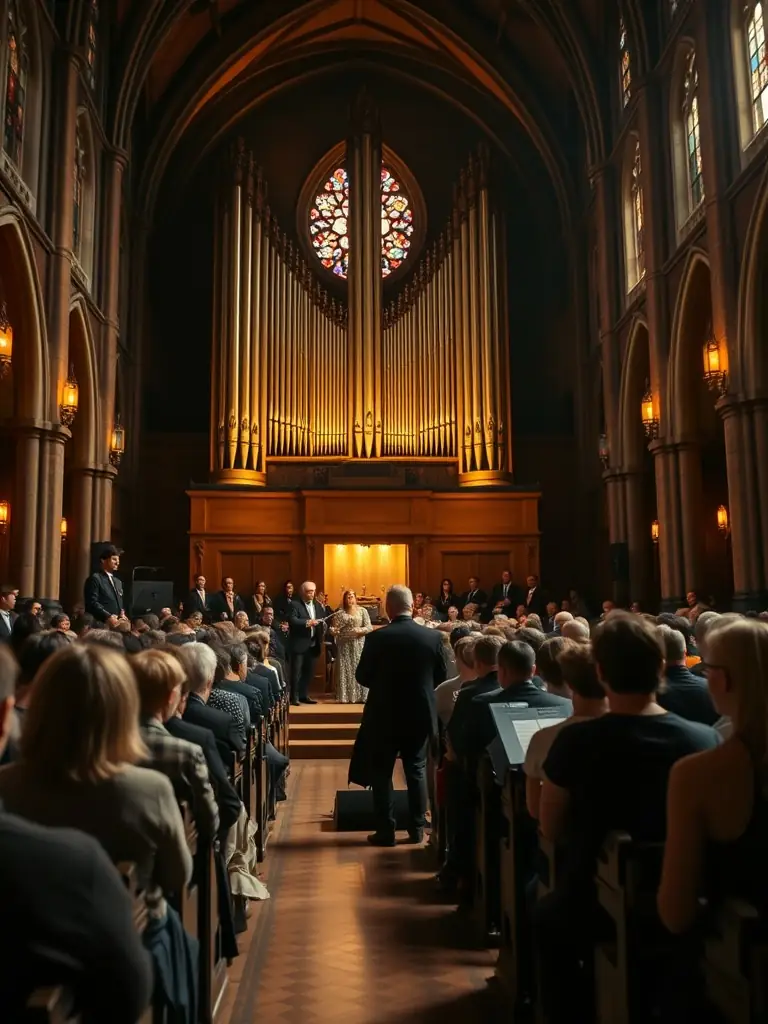 A photograph capturing a live organ concert inside the Pléaux church, showcasing the beautifully lit organ and a captivated audience.