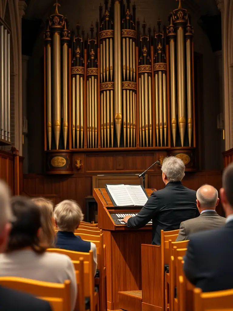 A photograph of a classical organ concert in the Pléaux church, showcasing the organist performing and the audience enjoying the music.