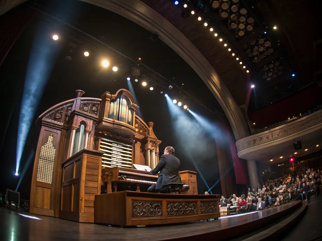 A photograph capturing a vibrant organ concert at the Église de Pléaux, showcasing the intricate details of the historic organ and the engaged audience.