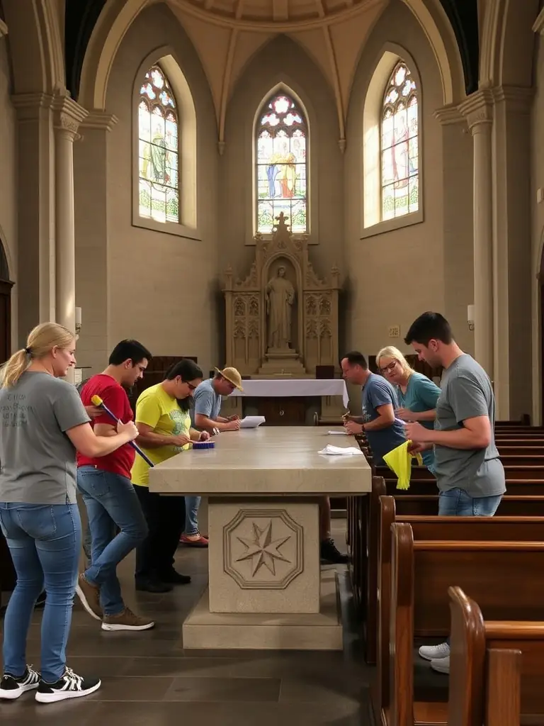 A photograph of volunteers working on the maintenance and restoration of the Pléaux organ, showcasing their dedication and expertise. The image should highlight the importance of preserving the instrument.