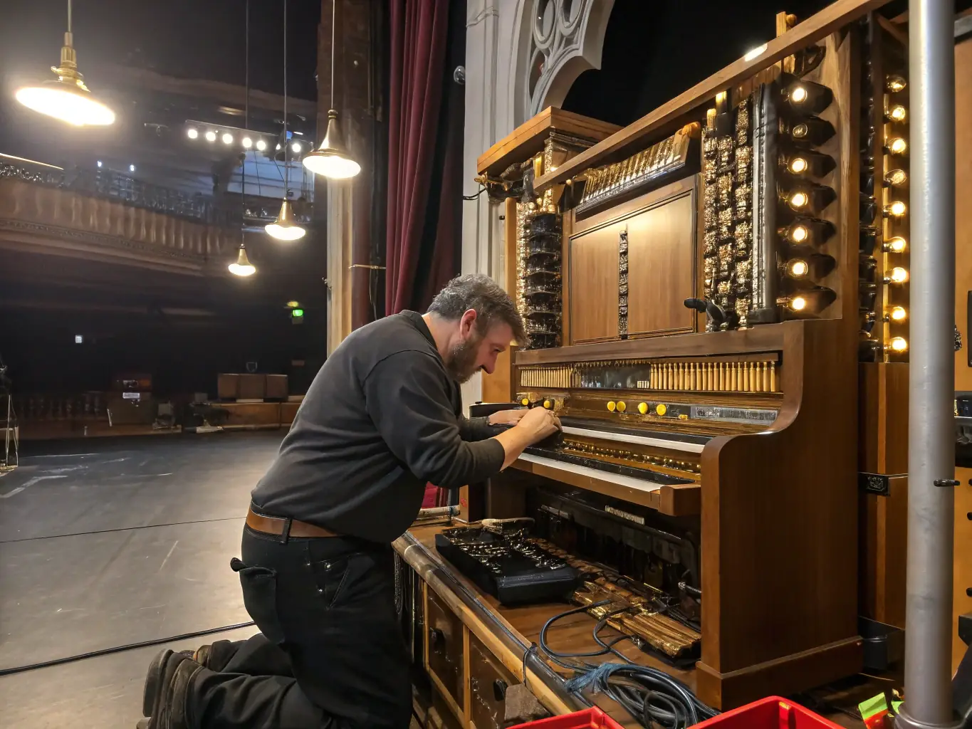 A photograph of volunteers working on the maintenance and restoration of the historic organ at the Église de Pléaux, highlighting the dedication and expertise involved.