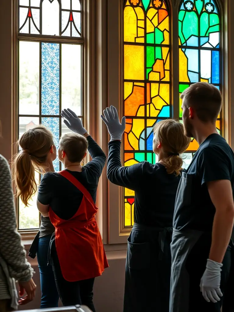 A picture of volunteers working on the organ, cleaning and maintaining its pipes, showcasing the dedication to preservation.
