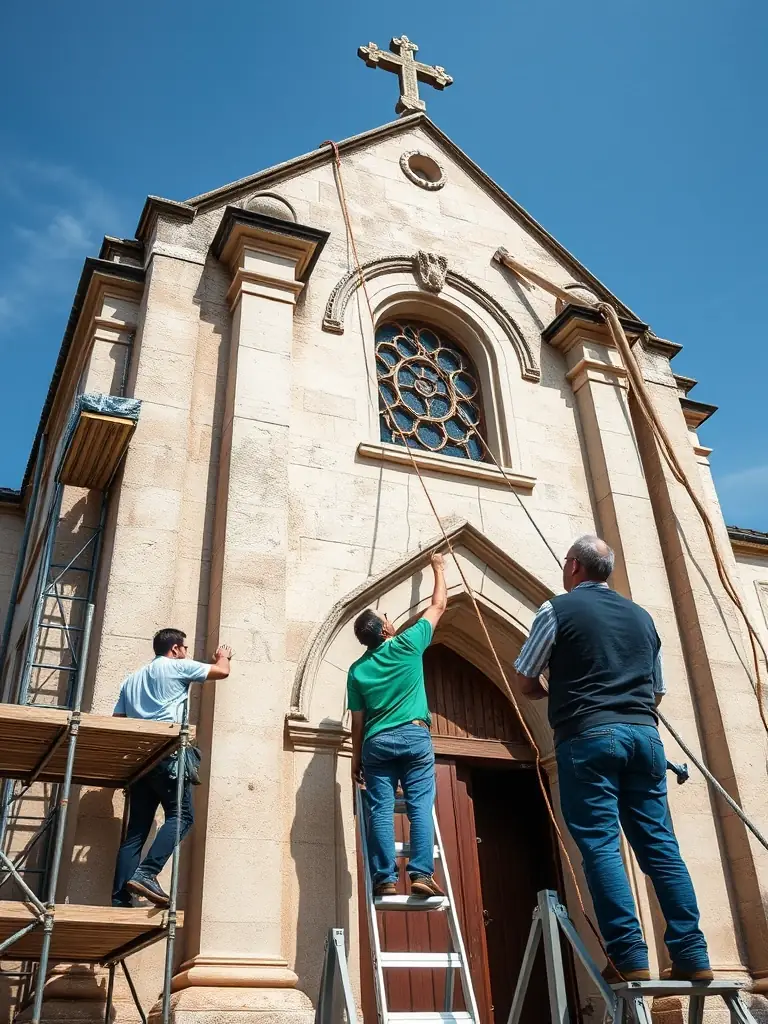 A photograph of volunteers working on the maintenance and restoration of the Pléaux church organ, showcasing the dedication to preserving the instrument.