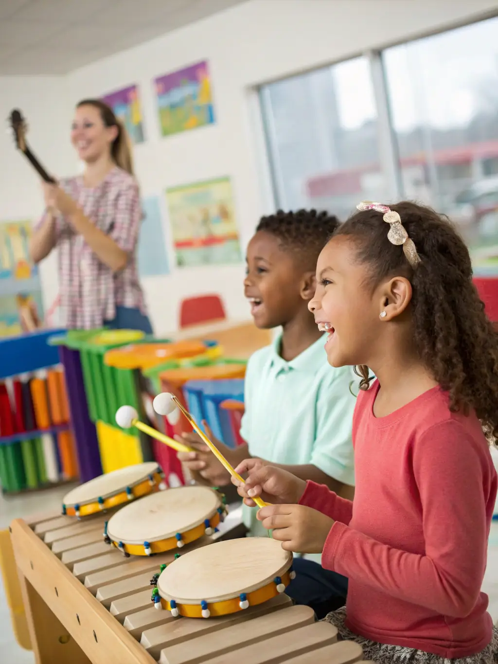A photograph of children participating in a music education workshop, learning about the organ and its history. The image should depict an engaging and interactive learning environment.
