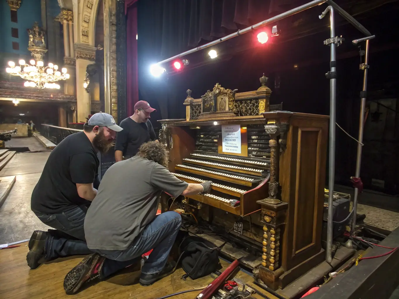 A photograph of volunteers working on the maintenance and restoration of the historic organ, highlighting the organization's commitment to preserving the instrument.
